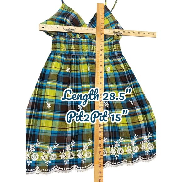 She's Cool Sundress L Short Babydoll Mini Plaid Embroidered Y2K Fairy Boho Fest - Picture 2 of 11